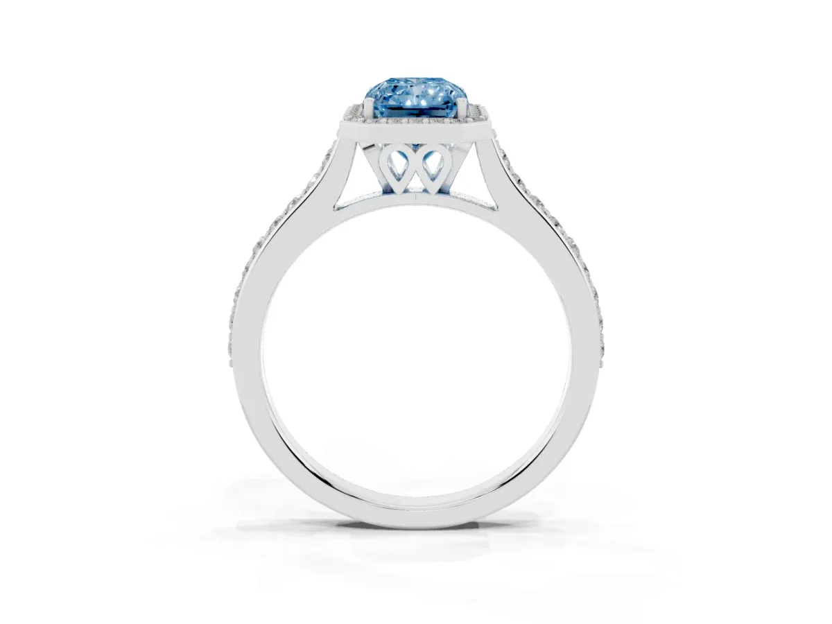 Fancy Blue Radiant Cut Diamond Halo Engagement Ring with Round Pavé Shoulders and Prong Setting Platinum