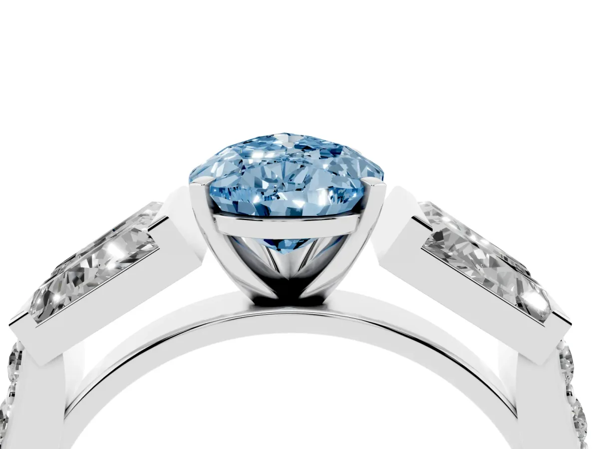 Fancy Blue Pear Cut Diamond Engagement Ring with Baguette Side Stones and Channel Set Band Platinum