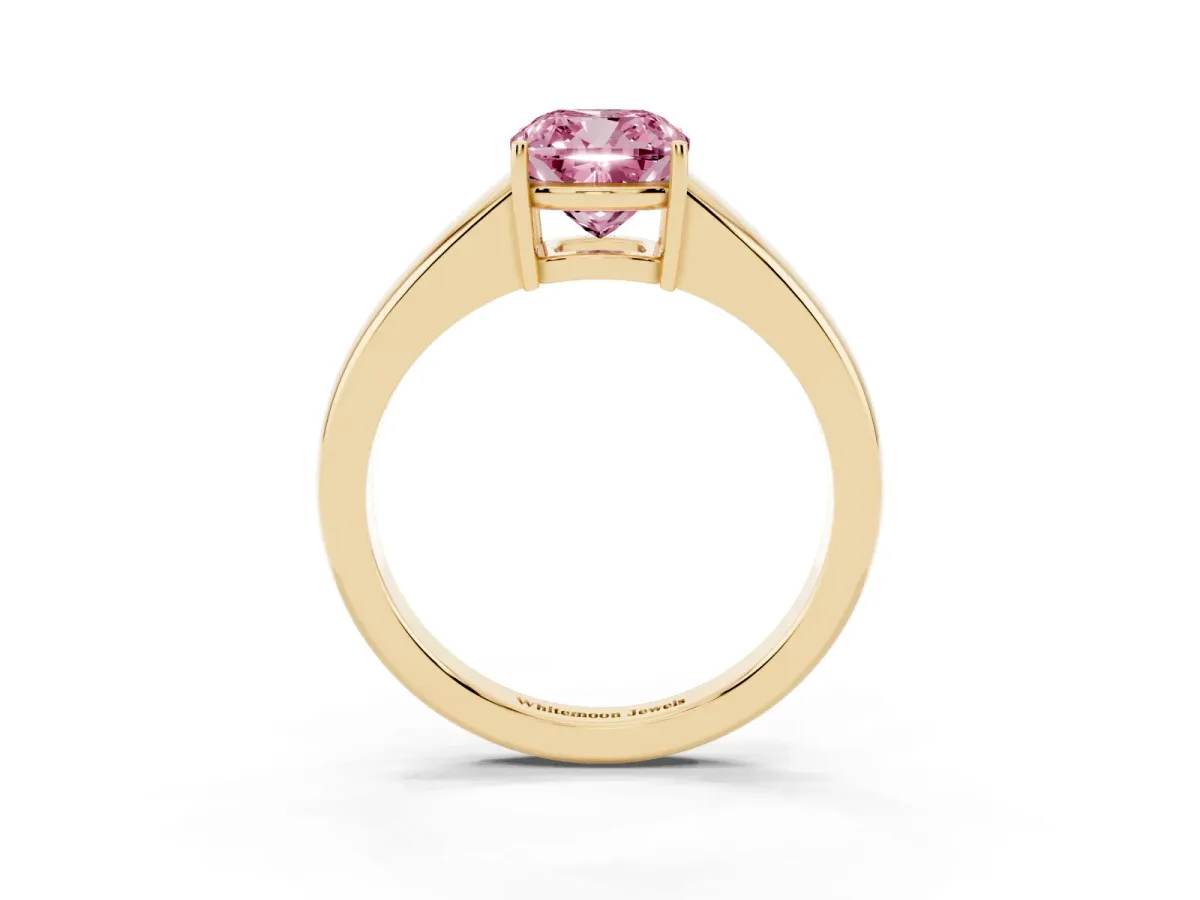 Fancy Pink Cushion Cut Solitaire Diamond Ring with Tapered Band and Four-Prong Setting Yellow gold