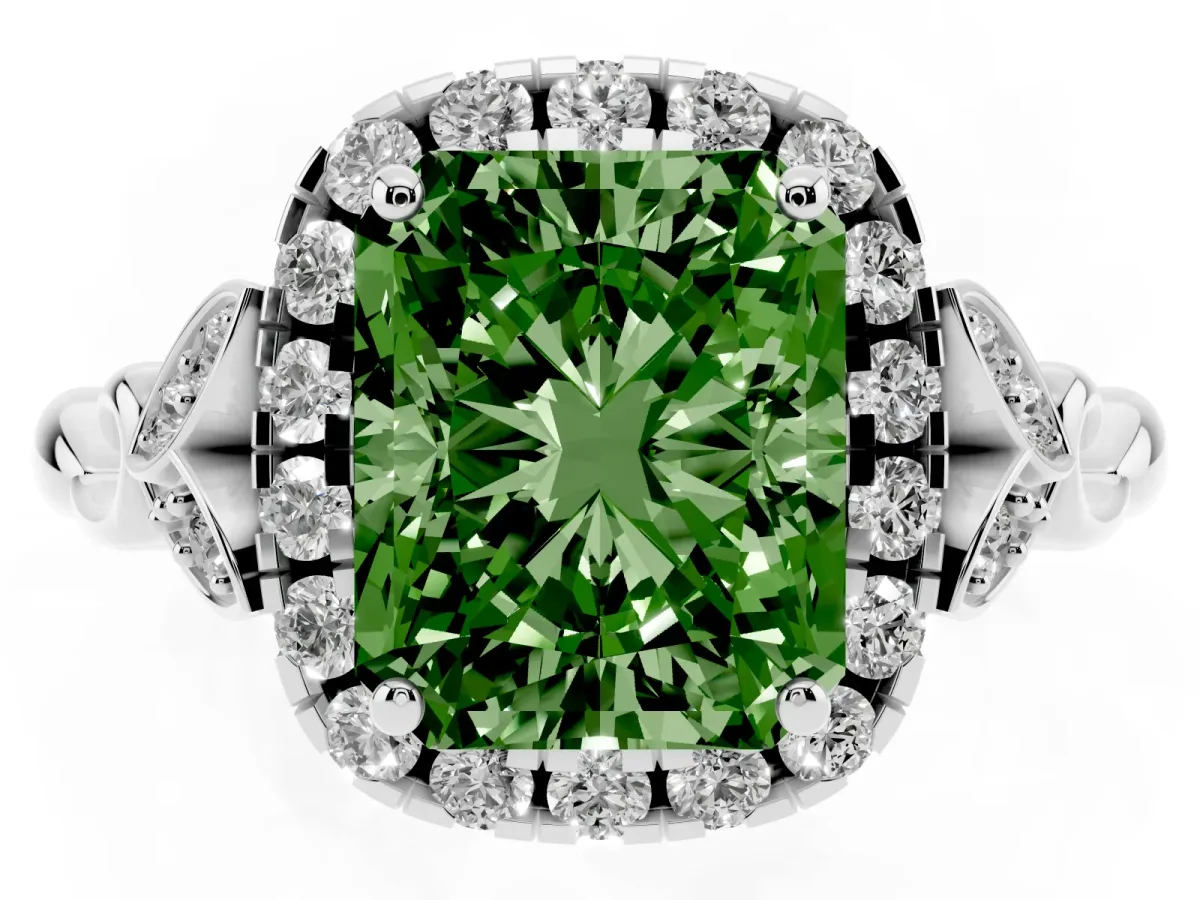 Fancy Green Radiant Cut Halo Diamond Engagement Ring with Vintage-Inspired Band and Four-Prong Setting White gold