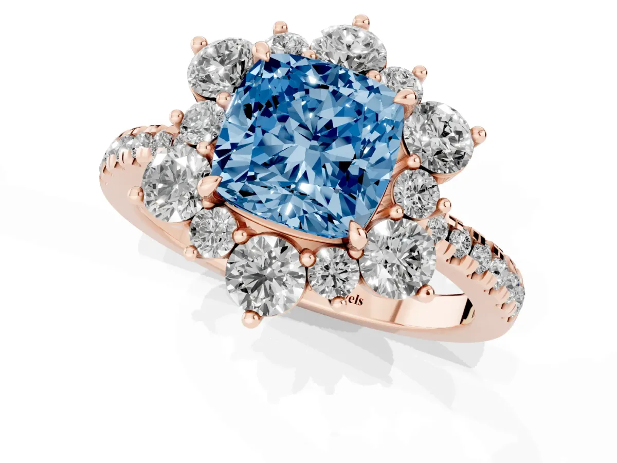 Fancy Blue Cushion Cut Diamond Floral Halo Ring with Round Pavé Band and Prong Setting Rose gold