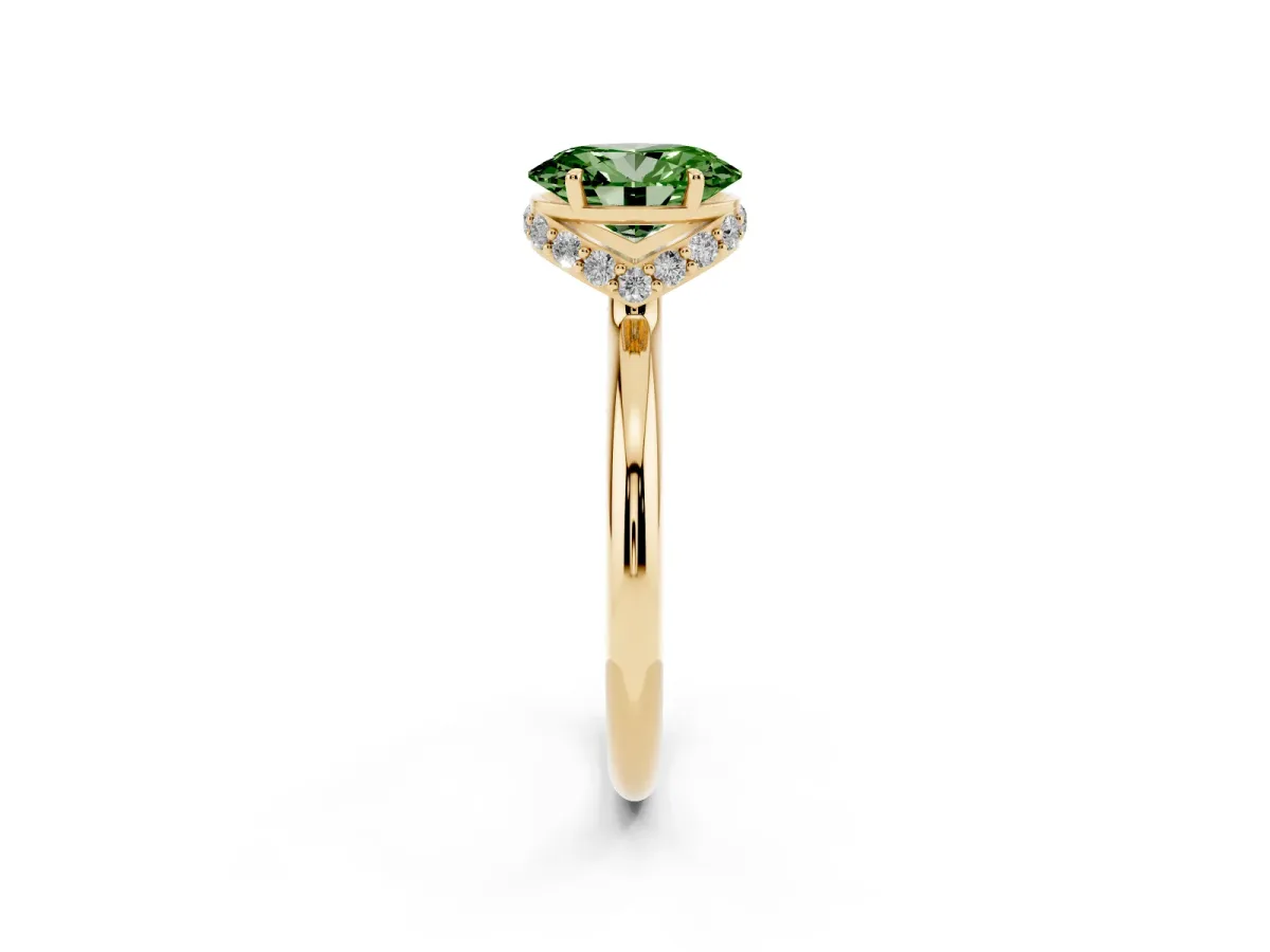 Fancy Green Oval Cut Brilliant Solitaire Engagement Ring with Six-Prong Setting and Classic Band Yellow gold