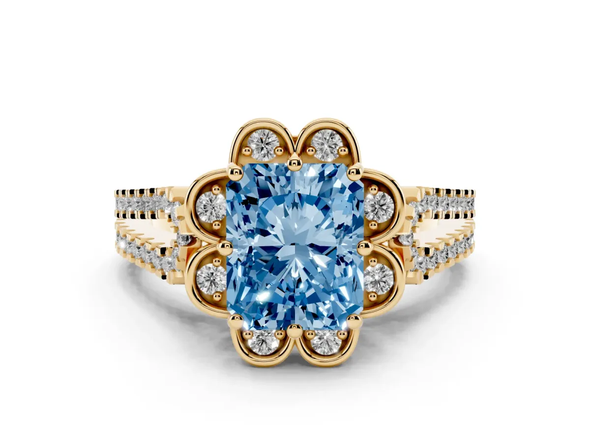 Fancy Blue Radiant Cut Halo Diamond Floral Split Shank Engagement Ring Yellow gold