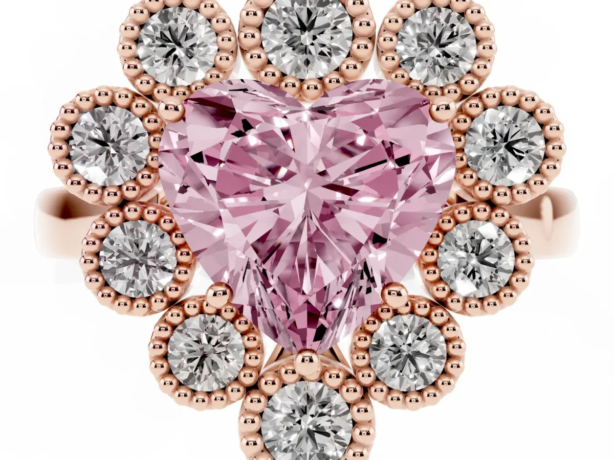 Fancy Pink Heart Cut Halo Diamond Cluster Engagement Ring with Milgrain Bezel Setting and Solitaire Band Rose gold
