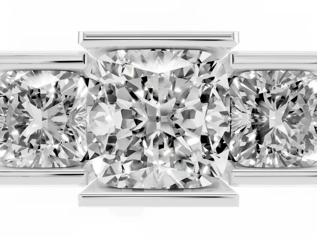 Three Stone Cushion Cut Cut Channel Set Diamond Ring Silver