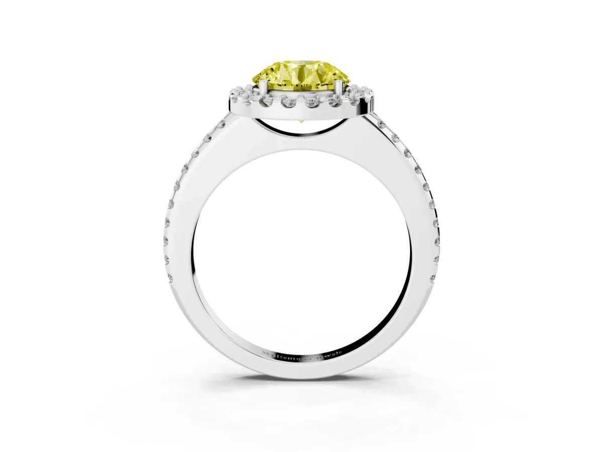 Fancy Yellow Round Cut Diamond Pavé Halo Ring with Four-Prong Setting Platinum