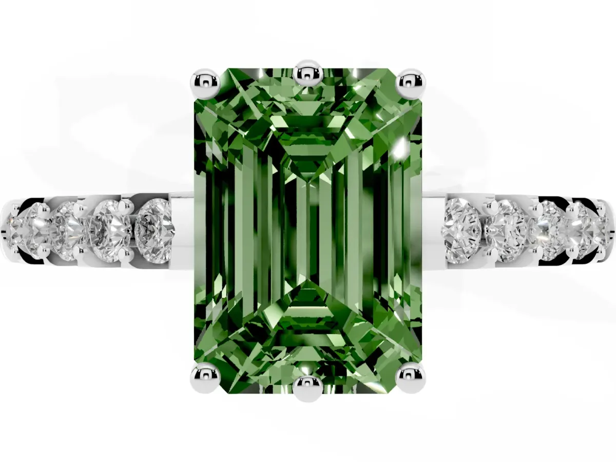 Fancy Green Emerald Cut Solitaire Diamond Engagement Ring with Pavé Band and Six-Prong Setting Silver