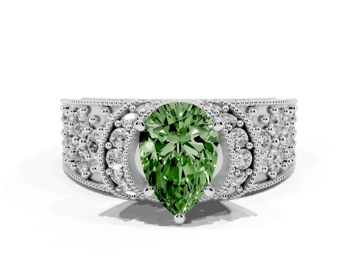 Fancy Green Pear Cut Halo Pave Diamond Engagement Ring with Milgrain Detailing Silver