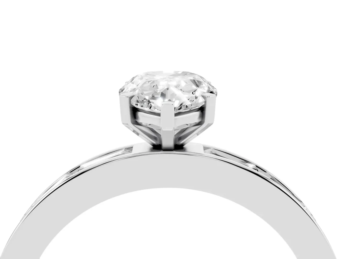 Pear Cut Solitaire Diamond Ring with Channel-Set Baguette Band and Four-Prong Setting White gold