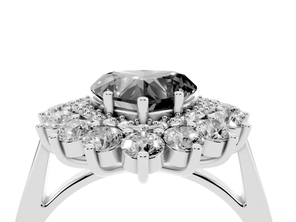 Fancy Black Heart Cut Diamond Floral Double Halo Engagement Ring with Prong Setting Silver