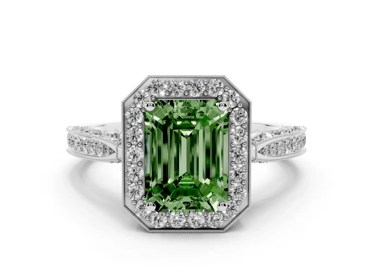 Fancy Green Emerald Cut Halo Diamond Engagement Ring with Split Shank Band and Four-Prong Setting Silver