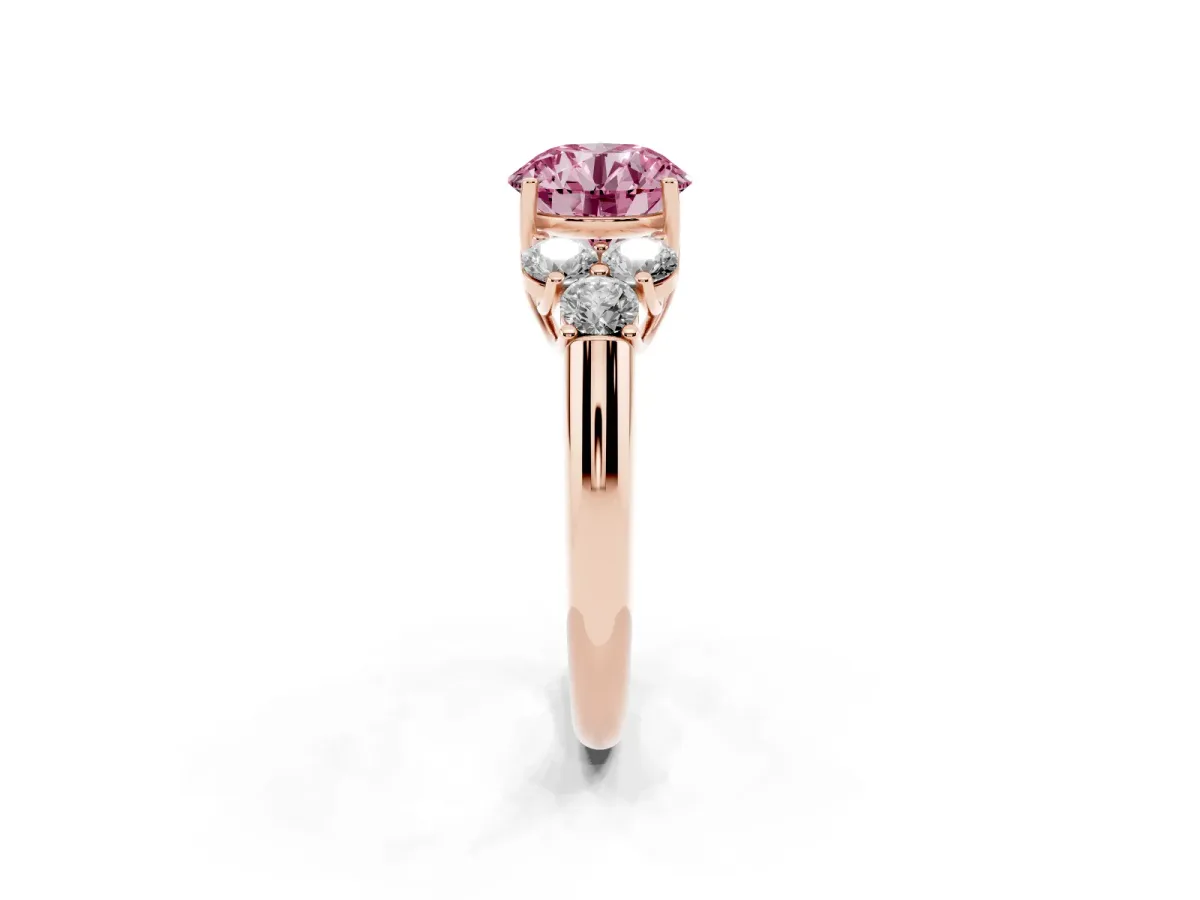 Fancy Pink Round Cut Cut Diamond Cluster Ring with Round Accent Stones and Prong Setting on a Classic Band Rose gold