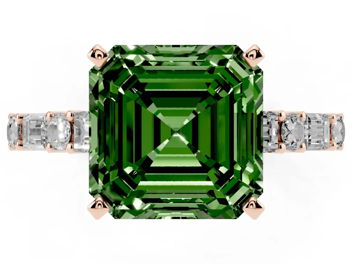 Fancy Green Asscher Cut Diamond Solitaire with Side Baguettes and Channel Set Band Rose gold