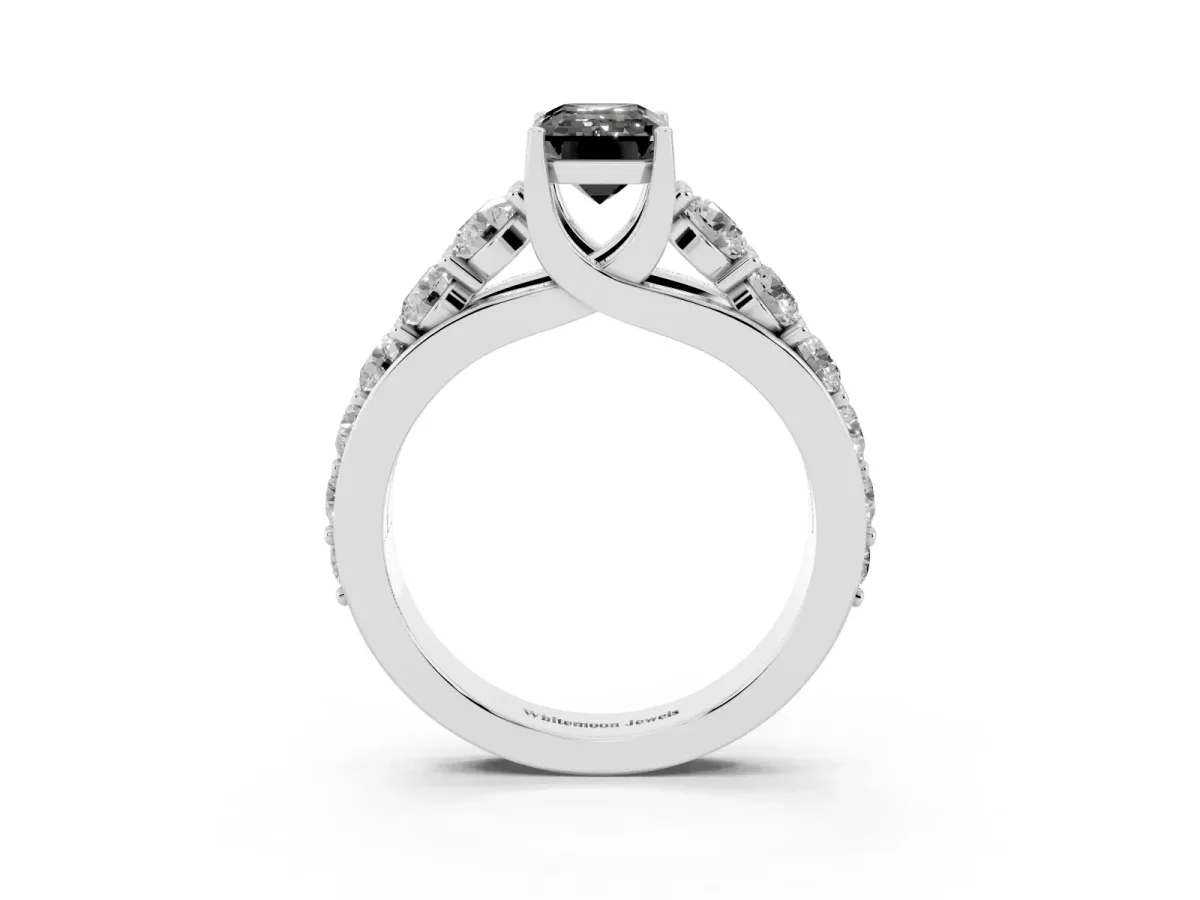 Fancy Black Emerald Cut Diamond Engagement Ring with Pavé Band and Four-Prong Setting Silver