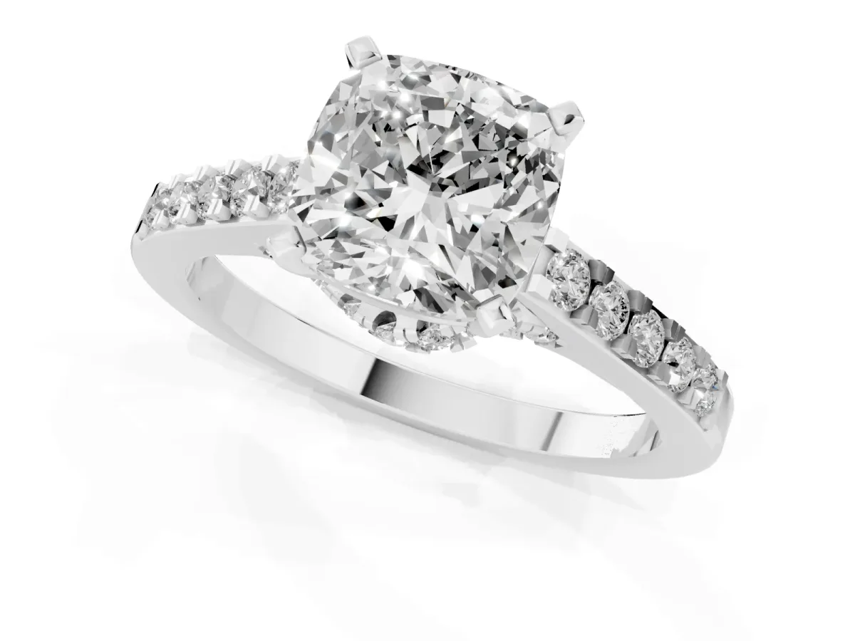 Cushion Cut Diamond Solitaire Ring with Crossover Gallery and Round Pavé Band Silver