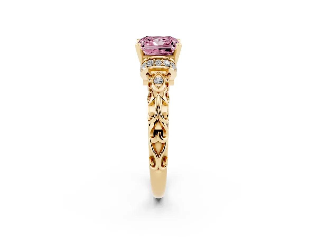 Fancy Pink Princess Cut Diamond Solitaire Ring with Filigree Band and Four-Prong Setting Yellow gold