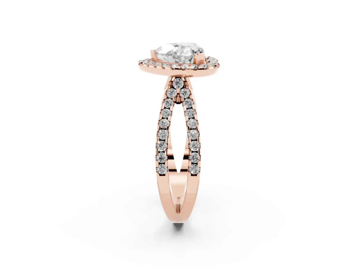 Heart Cut Diamond Halo Ring with Split Shank Pavé Band and Prong Setting Rose gold