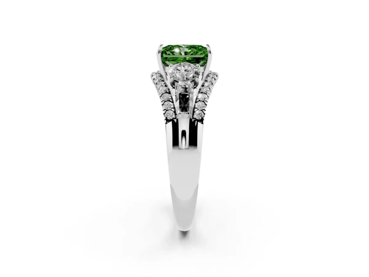 Fancy Green Three-Stone Radiant Cut Diamond Engagement Ring with Pave Band and Prong Setting Silver