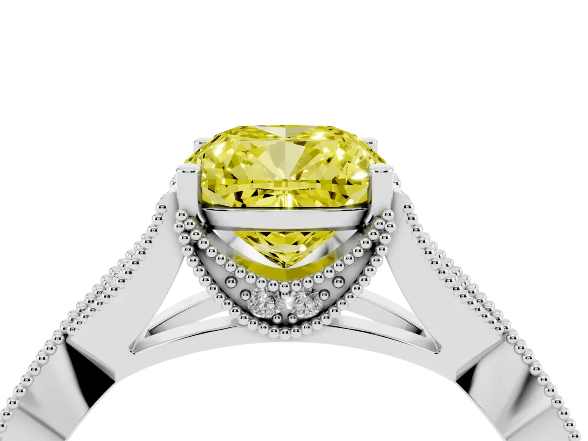 Fancy Yellow Cushion Cut Cut Diamond Twisted Band with Milgrain Pave Setting and Four-Prong Setting White gold