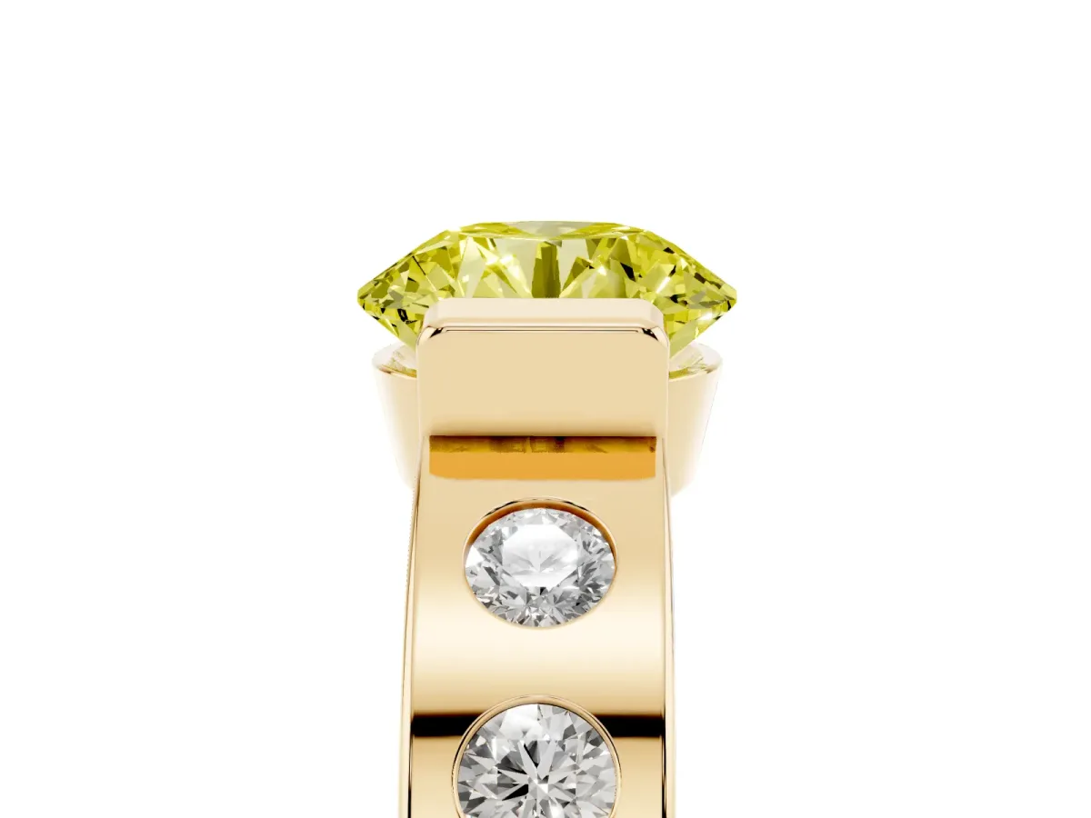 Fancy Yellow Round Cut Brilliant Channel-Set Diamond Ring with Bezel Prong Setting Yellow gold