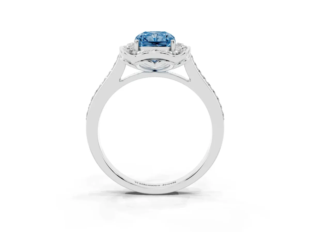 Fancy Blue Radiant Cut Halo Round Diamond Pave Band with Four-Prong Setting White gold