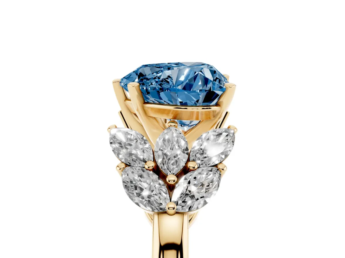 Fancy Blue Heart Cut Diamond Cluster Leaf Design Ring with Prong Setting Yellow gold