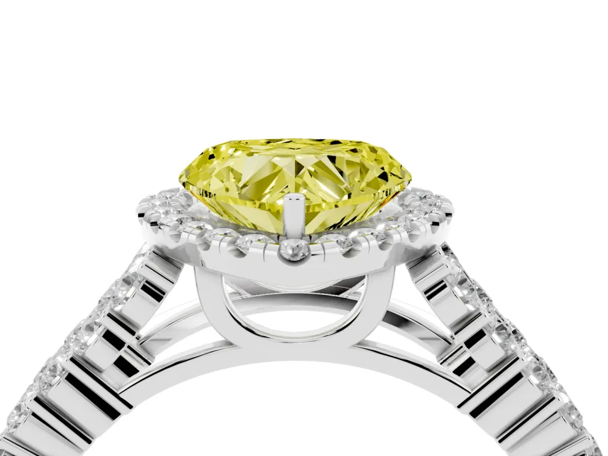 Fancy Yellow Heart Cut Diamond Halo Engagement Ring with Triple Row Round Pavé Band and Prong Setting Platinum