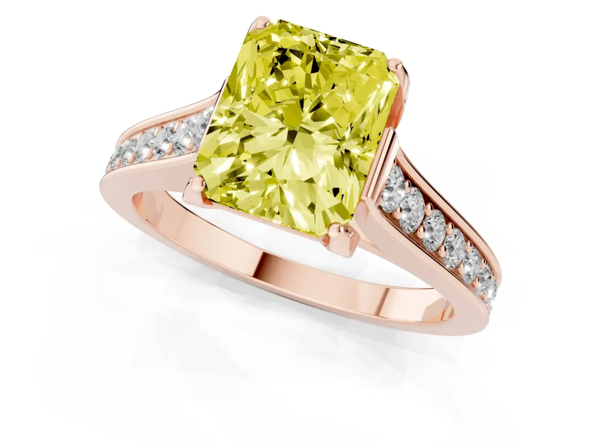 Fancy Yellow Radiant Cut Brilliant Cut Diamond Engagement Ring with Pavé Band and Four-Prong Setting Rose gold