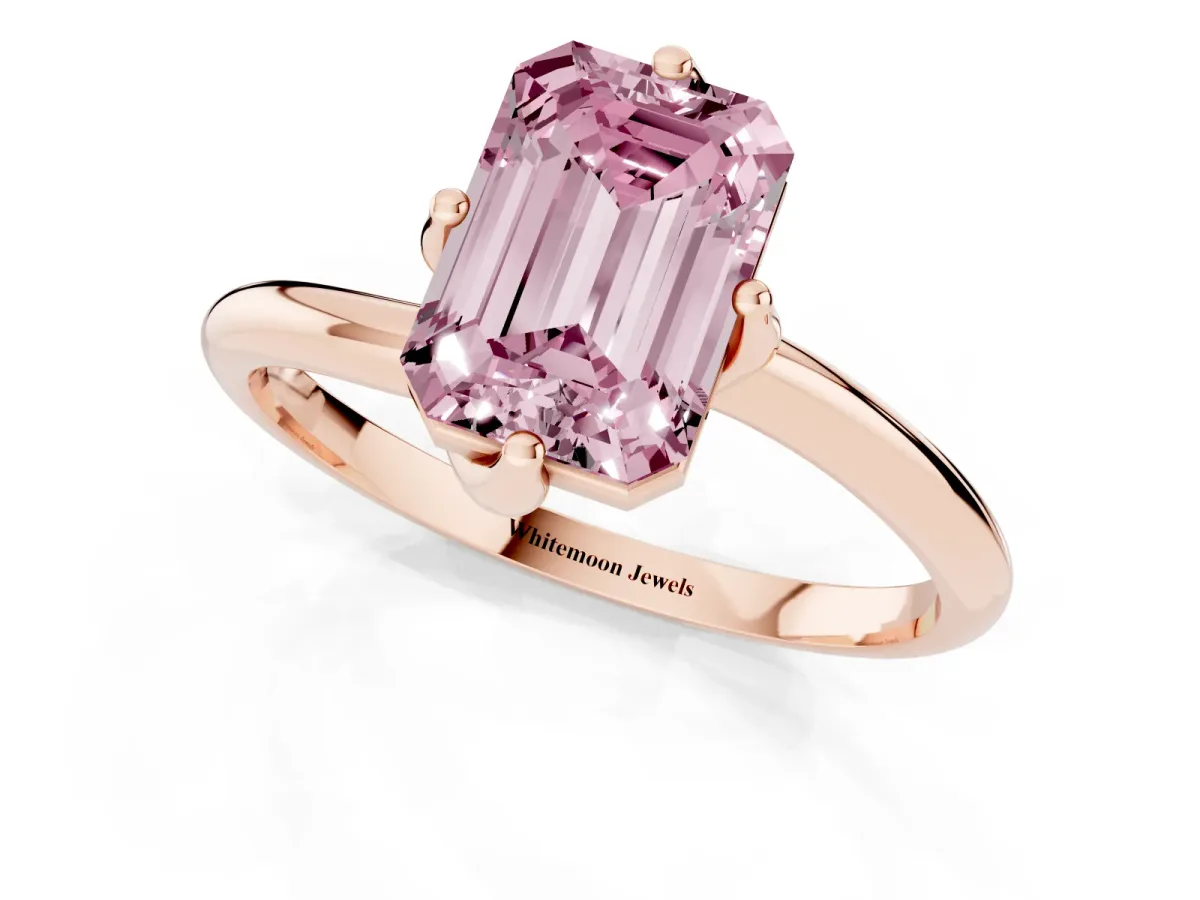 Fancy Pink Emerald Cut Diamond Solitaire Engagement Ring with Four-Prong Setting and Classic Band Rose gold