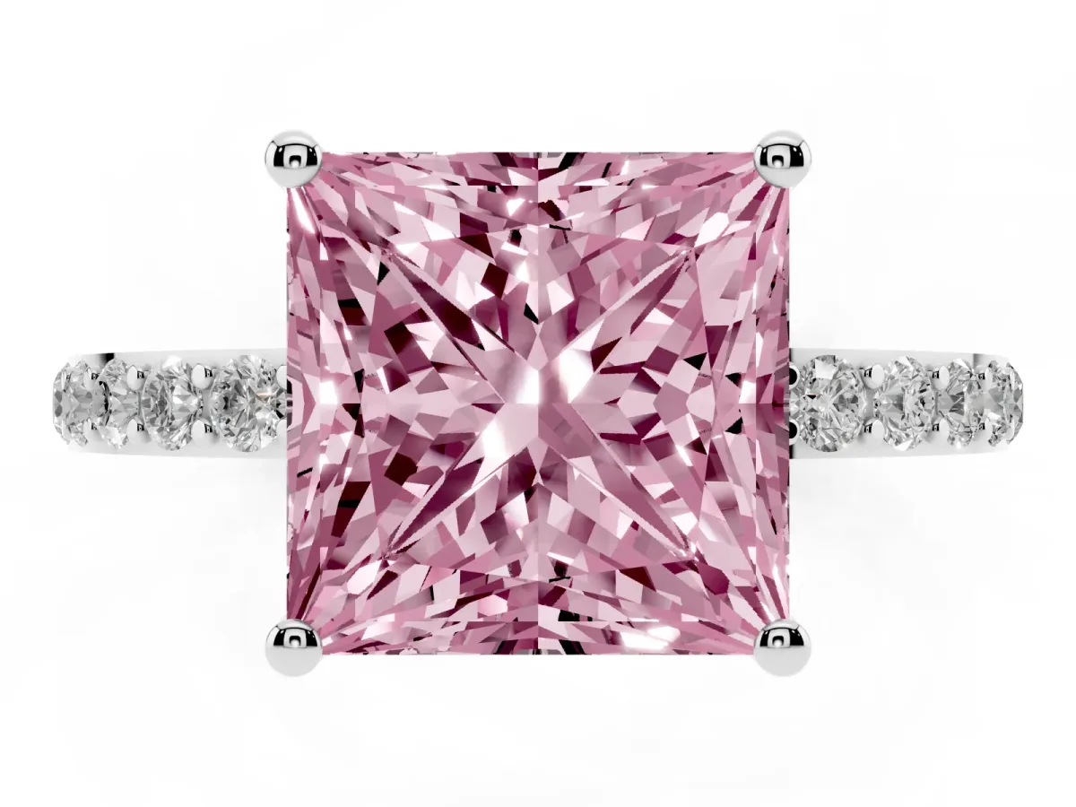 Fancy Pink Princess Cut Diamond Solitaire Ring with Round Pavé Shoulders and Prong Setting Silver