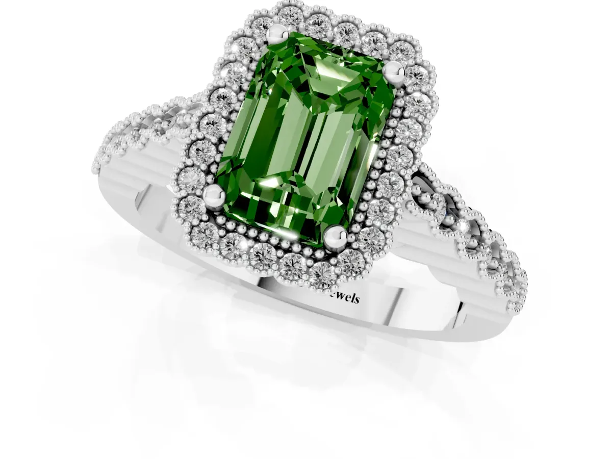 Fancy Green Radiant Cut Cut Halo Pavé Solitaire Ring with Milgrain Band Platinum