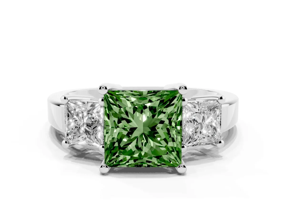 Fancy Green Three-Stone Princess Cut Cut Solitaire Ring with Prong Setting Silver
