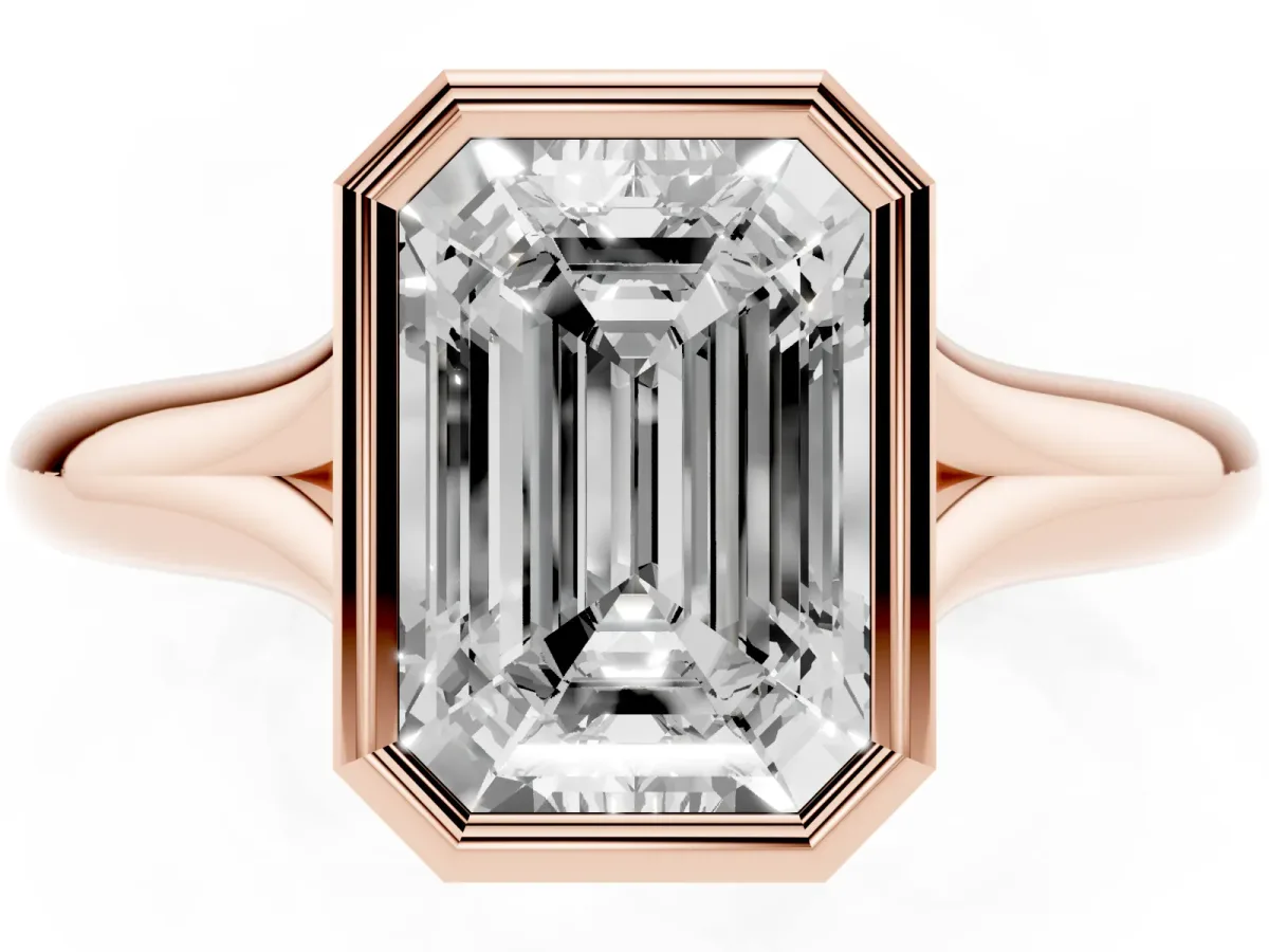 Bezel Set Emerald Cut Solitaire Diamond Ring with Smooth Band Rose gold