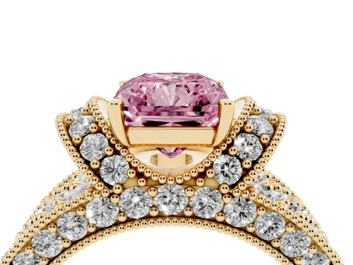 Fancy Pink Radiant Cut Halo Pave Diamond Engagement Ring with Milgrain Detailing Yellow gold