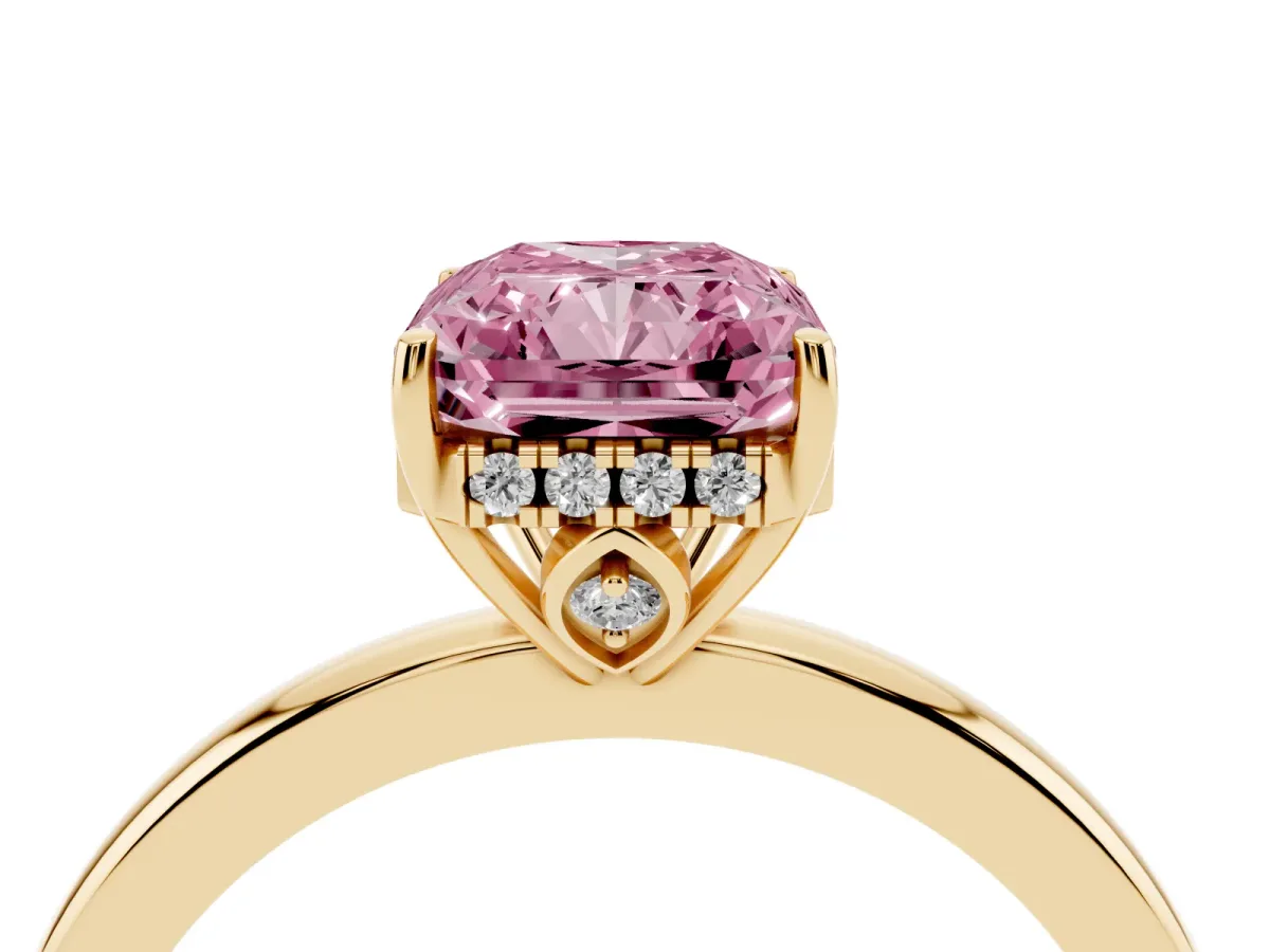 Fancy Pink Radiant Cut Solitaire Diamond Ring with Prong Setting and Plain Band Yellow gold
