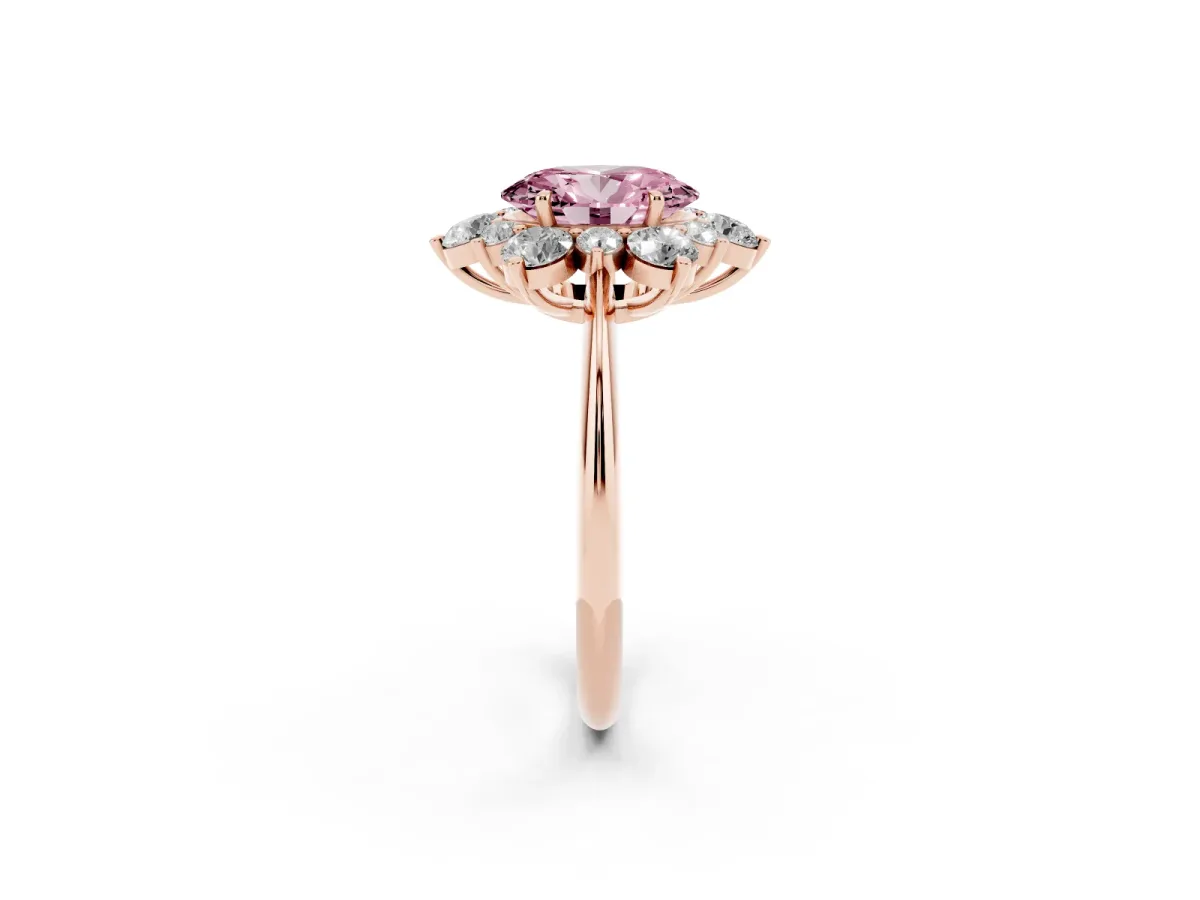 Fancy Pink Oval Cut Diamond Cluster Halo Ring with Solitaire Band and Four-Prong Setting Rose gold