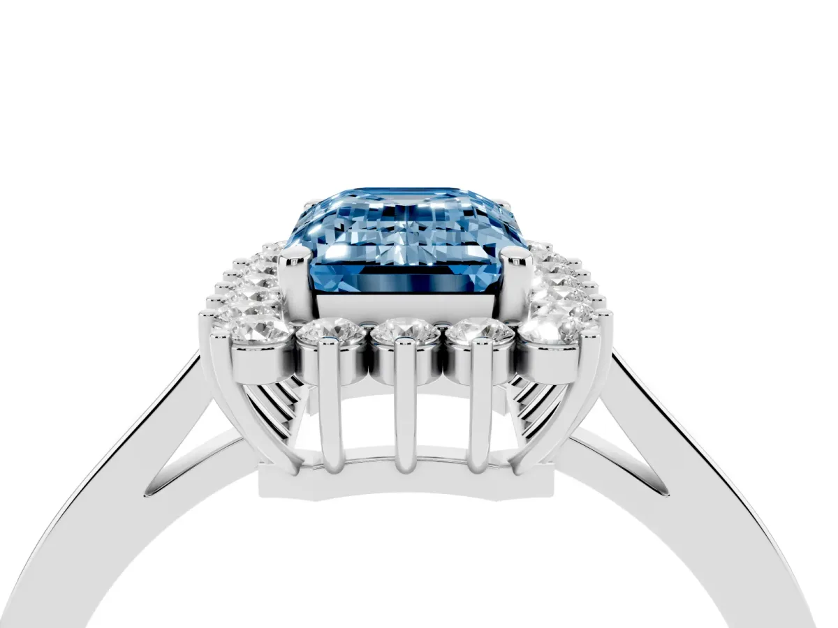 Fancy Blue Emerald Cut Cut Diamond Halo Ring with Round Brilliant Halo and Solitaire Band Silver