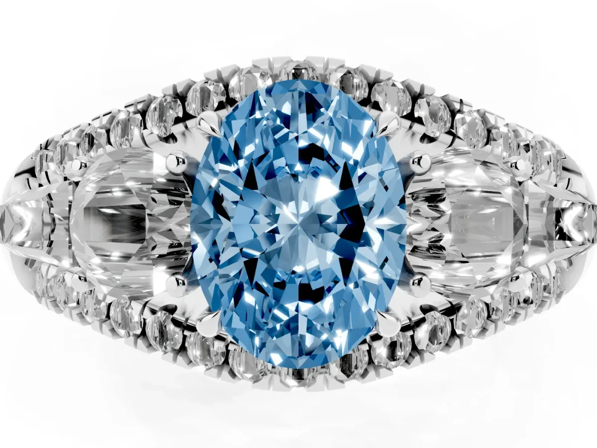 Fancy Blue Three-Stone Oval Cut Diamond Engagement Ring with Pave Band and Prong Setting Silver