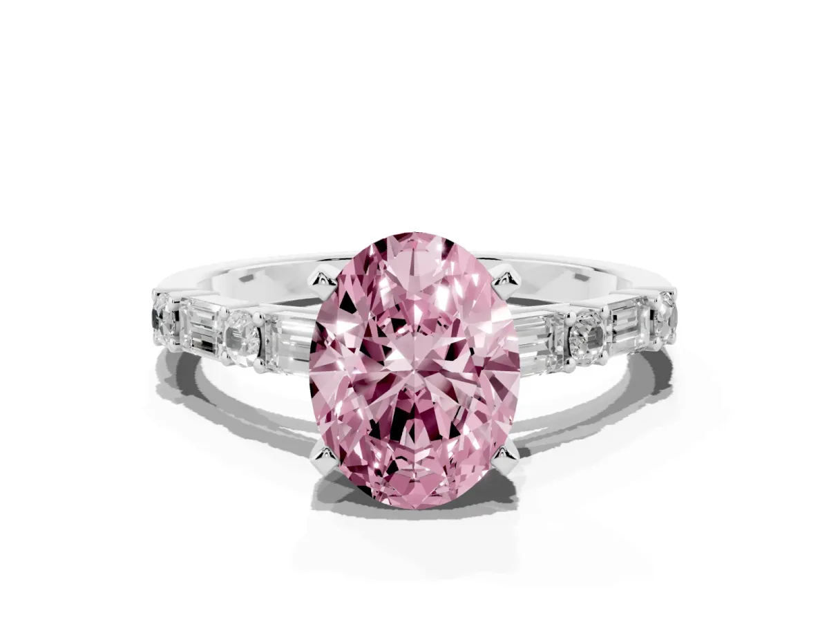Fancy Pink Oval Cut Diamond Solitaire with Side Baguettes and Channel Set Band Platinum