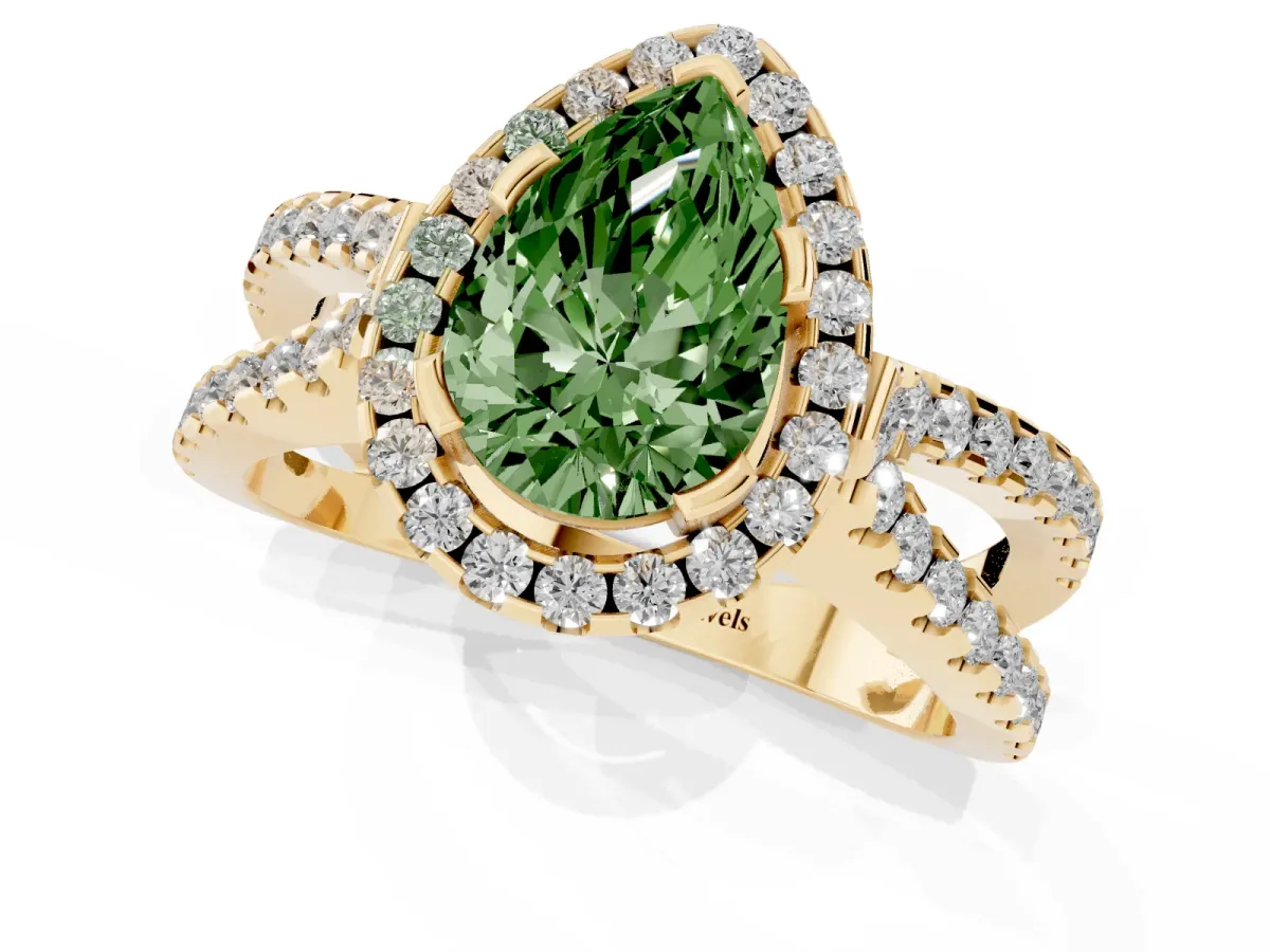Fancy Green Pear Cut Diamond Halo Ring with Split Shank Pavé Band and Prong Setting Yellow gold