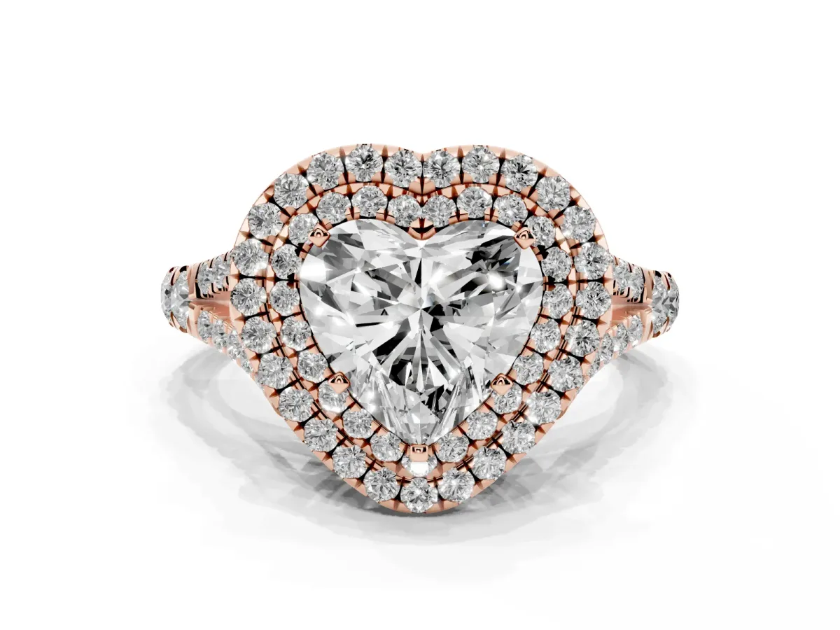 Double Halo Heart Cut Diamond Split Shank Engagement Ring with Four-Prong Setting Rose gold
