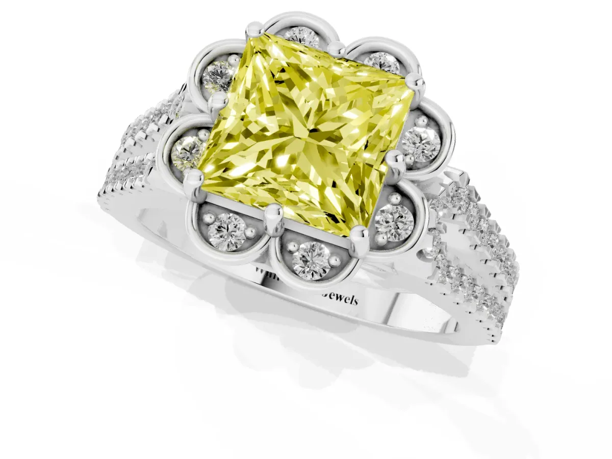 Fancy Yellow Princess Cut Halo Diamond Floral Split Shank Engagement Ring Silver