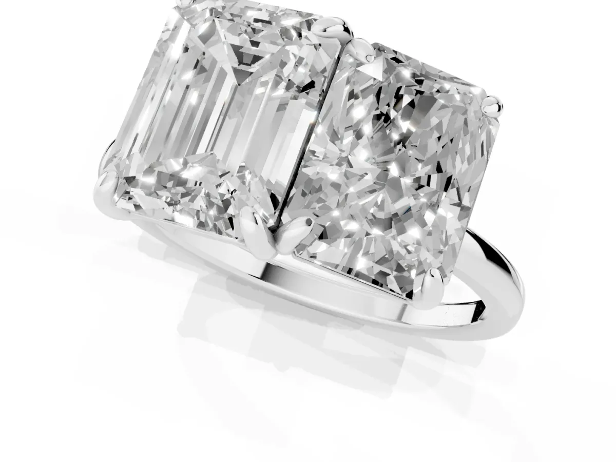 Emerald and Radiant Toi Moi Ring with Prong Setting and Plain Band Platinum