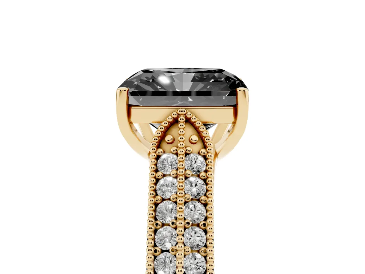 Fancy Black Radiant Cut Cut Pave Split Shank Engagement Ring with Four-Prong Setting Yellow gold