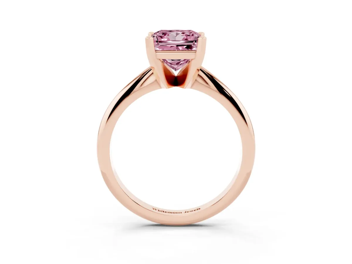 Fancy Pink Princess Cut Cut Solitaire Ring with Four-Prong Setting on a Classic Band Rose gold