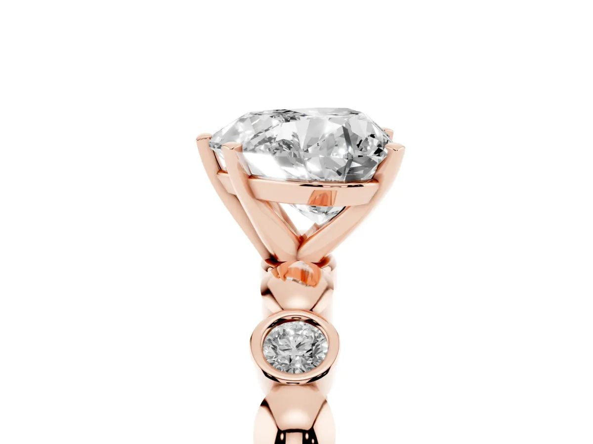 Heart Cut Solitaire Bezel-Set Diamond Ring with Beaded Band and Four-Prong Setting Rose gold