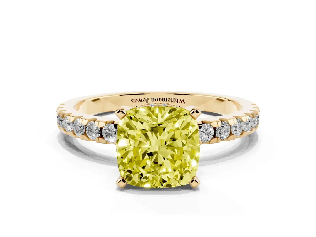Fancy Yellow Cushion Cut Diamond Solitaire Ring with Round Pavé Band and Four-Prong Setting Yellow gold