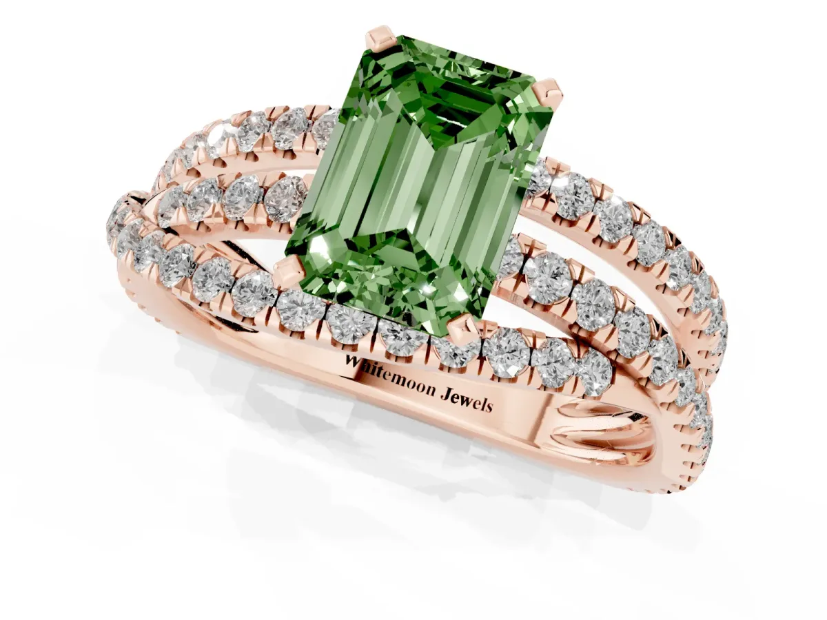 Fancy Green Emerald Cut Solitaire Twist Band with Pavé Setting and Four-Prong Setting Rose gold