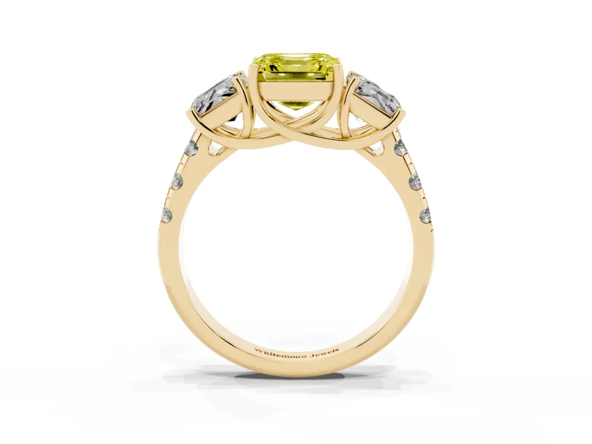 Fancy Yellow Three-Stone Asscher Cut Diamond Pavé Band with Prong Setting Yellow gold