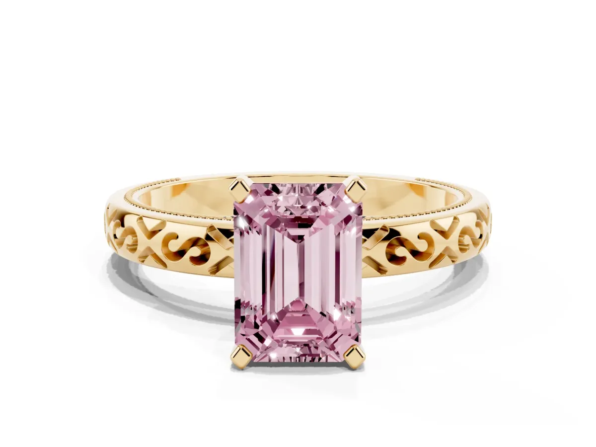 Fancy Pink Emerald Cut Solitaire Engagement Ring with Scrollwork Band and Four-Prong Setting Yellow gold